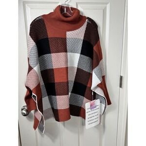 NWT Chicwish Plaid Poncho Turtleneck Sweater‎ Knit Pullover Cape Rust One Size